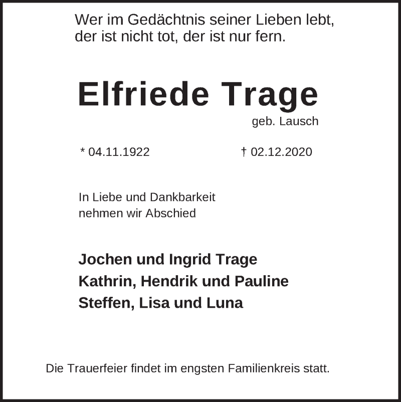  Traueranzeige für Elfriede Trage vom 12.12.2020 aus Neue Deister-Zeitung