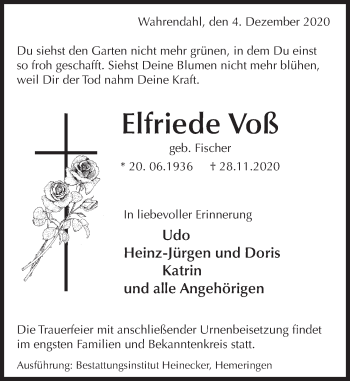 Traueranzeige von Elfriede Voß von Deister- und Weserzeitung