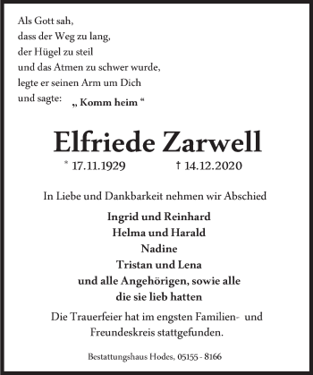 Traueranzeige von Elfriede Zarwell von Deister- und Weserzeitung