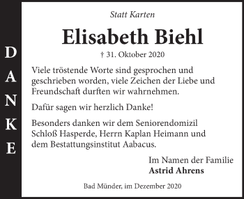 Traueranzeige von Elisabeth Biehl von Neue Deister-Zeitung
