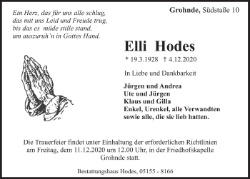 Traueranzeige von Elli Hodes von Deister- und Weserzeitung