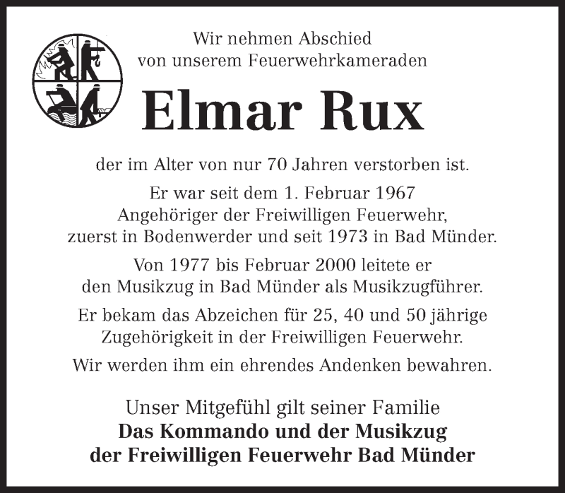  Traueranzeige für Elmar Rux vom 19.12.2020 aus Neue Deister-Zeitung