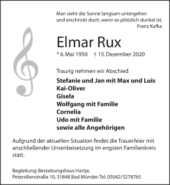 Traueranzeige von Elmar Rux von Neue Deister-Zeitung