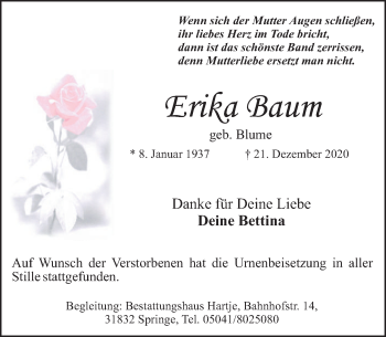 Traueranzeige von Erika Baum von Neue Deister-Zeitung