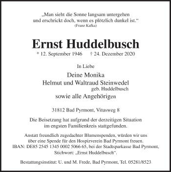 Traueranzeige von Ernst Huddelbusch von Deister- und Weserzeitung