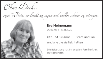 Traueranzeige von Eva Heinemann von Deister- und Weserzeitung