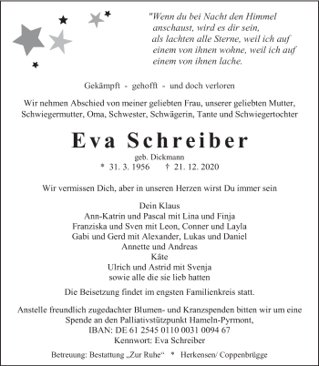 Traueranzeige von Eva Schreiber von Deister- und Weserzeitung