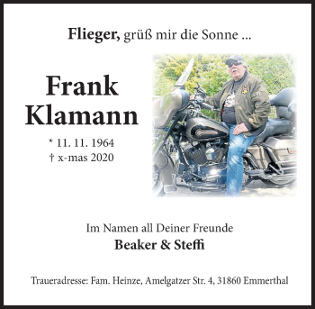 Traueranzeige von Frank Klamann von Deister- und Weserzeitung