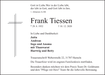 Traueranzeige von Frank Tiessen von Deister- und Weserzeitung
