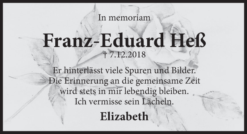  Traueranzeige für Franz-Eduard Heß vom 05.12.2020 aus Deister- und Weserzeitung