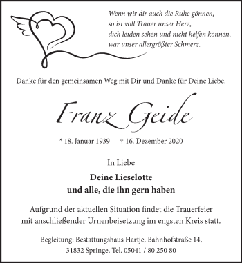 Traueranzeige von Franz Geide von Neue Deister-Zeitung