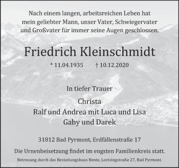 Traueranzeige von Friedrich Kleinschmidt von Deister- und Weserzeitung