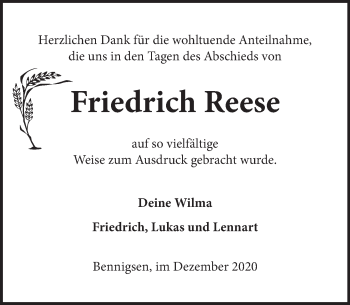 Traueranzeige von Friedrich Reese von Neue Deister-Zeitung