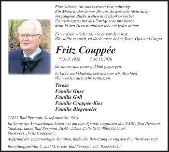 Traueranzeige von Fritz Couppée von Deister- und Weserzeitung