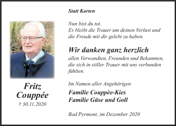 Traueranzeige von Fritz Couppée von Deister- und Weserzeitung