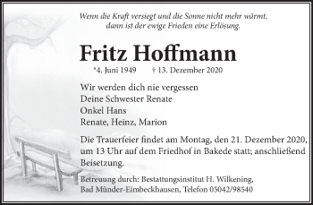 Traueranzeige von Fritz Hoffmann von Neue Deister-Zeitung