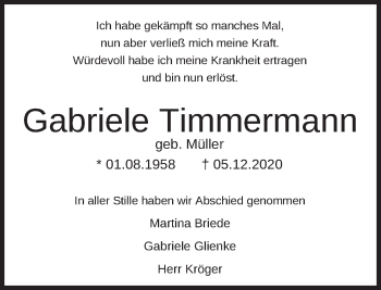 Traueranzeige von Gabriele Timmermann von Deister- und Weserzeitung