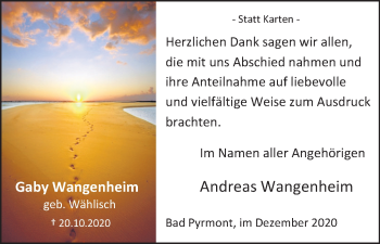 Traueranzeige von Gaby Wangenheim von Deister- und Weserzeitung