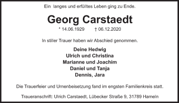 Traueranzeige von Georg Carstaedt von Deister- und Weserzeitung
