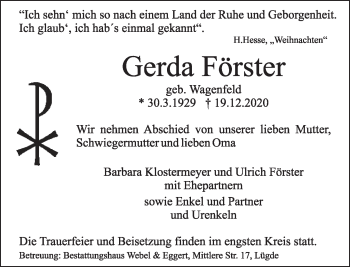 Traueranzeige von Gerda Förster von Deister- und Weserzeitung