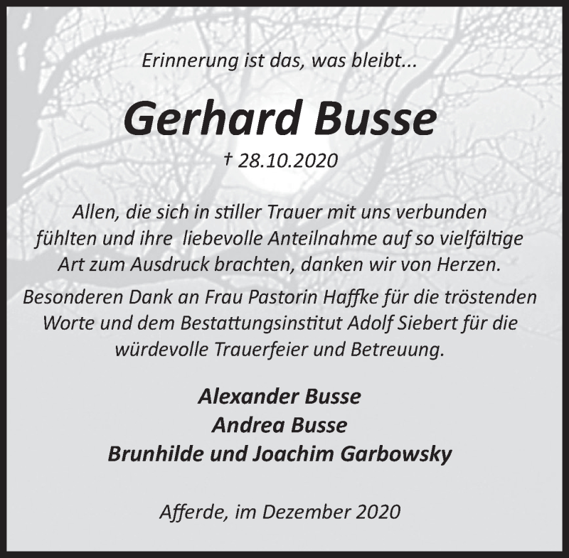  Traueranzeige für Gerhard Busse vom 05.12.2020 aus Deister- und Weserzeitung