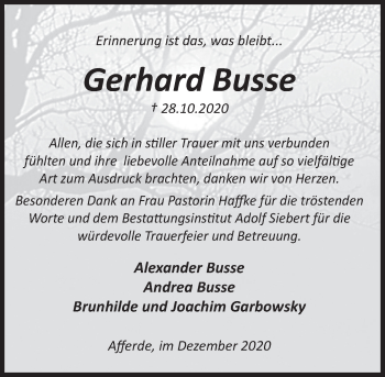Traueranzeige von Gerhard Busse von Deister- und Weserzeitung
