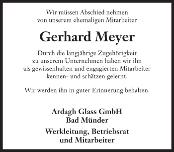 Traueranzeige von Gerhard Meyer von Neue Deister-Zeitung