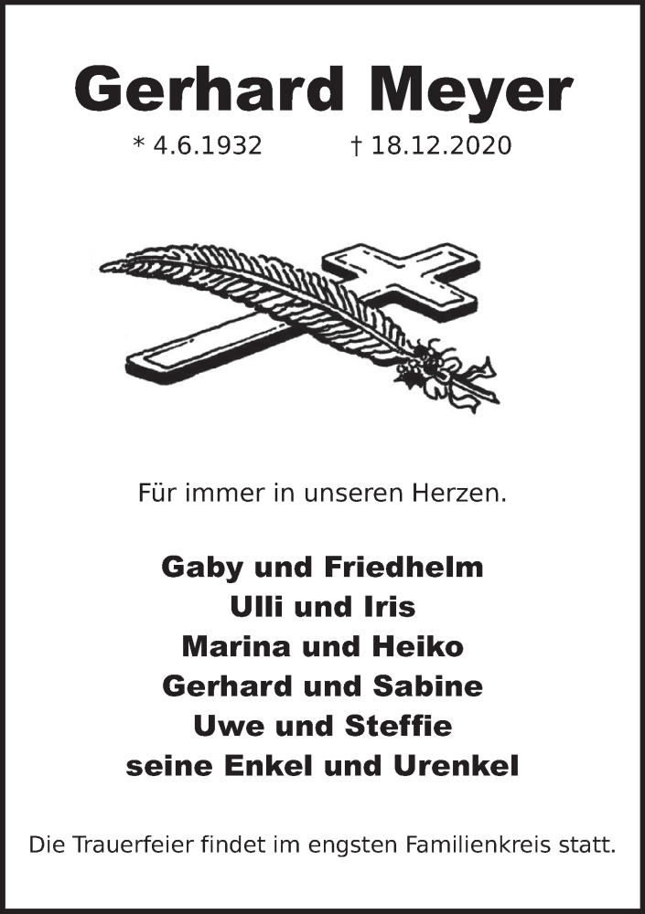  Traueranzeige für Gerhard Meyer vom 23.12.2020 aus Neue Deister-Zeitung