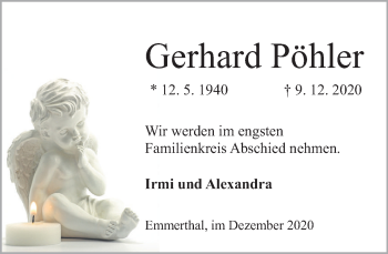 Traueranzeige von Gerhard Pöhler von Deister- und Weserzeitung