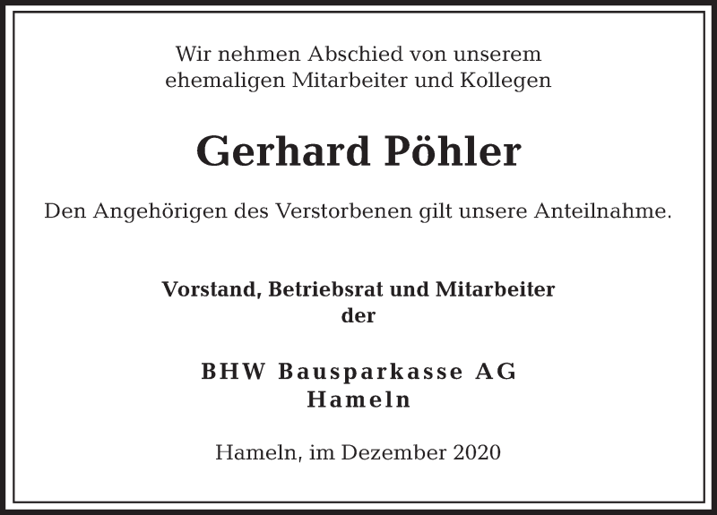  Traueranzeige für Gerhard Pöhler vom 23.12.2020 aus Deister- und Weserzeitung