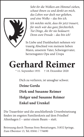 Traueranzeige von Gerhard Reimer von Neue Deister-Zeitung