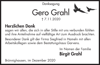 Traueranzeige von Gero Grahl von Deister- und Weserzeitung