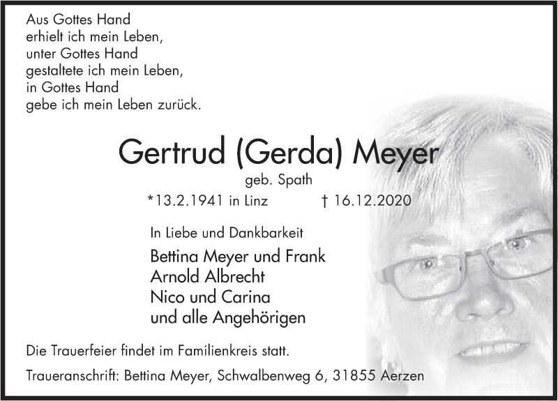  Traueranzeige für Gertrud Meyer vom 19.12.2020 aus Deister- und Weserzeitung