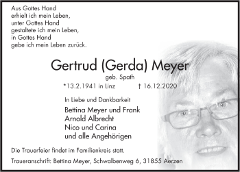 Traueranzeige von Gertrud Meyer von Deister- und Weserzeitung