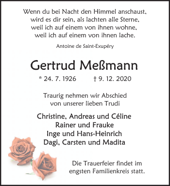 Traueranzeige von Gertrud Meßmann von Deister- und Weserzeitung