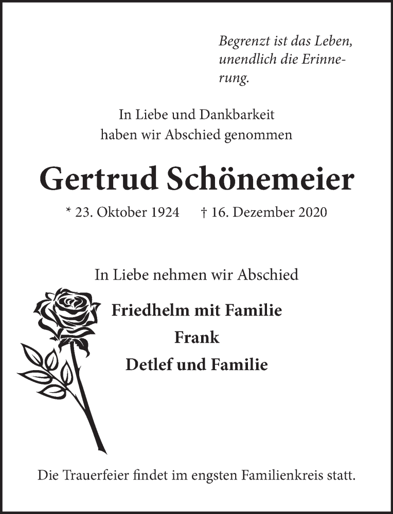 Traueranzeige für Gertrud Schönemeier vom 21.12.2020 aus Neue Deister-Zeitung