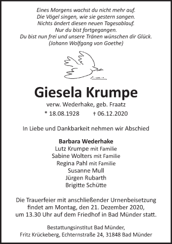 Traueranzeige von Giesela Krumpe von Neue Deister-Zeitung