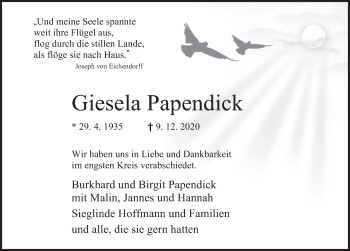 Traueranzeige von Giesela Papendick von Deister- und Weserzeitung