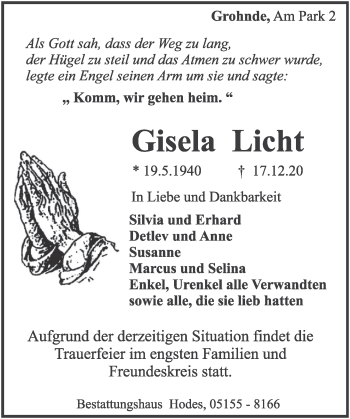 Traueranzeige von Gisela Licht von Deister- und Weserzeitung