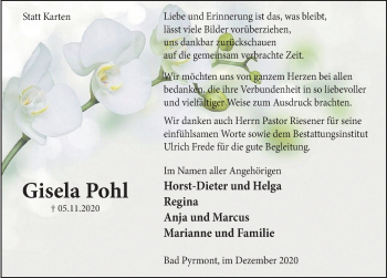 Traueranzeige von Gisela Pohl von Deister- und Weserzeitung