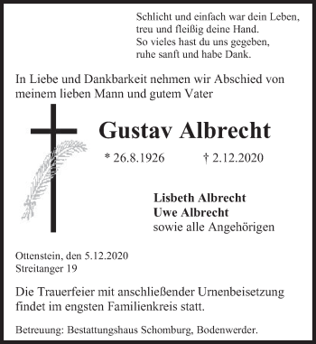 Traueranzeige von Gustav Albrecht von Deister- und Weserzeitung
