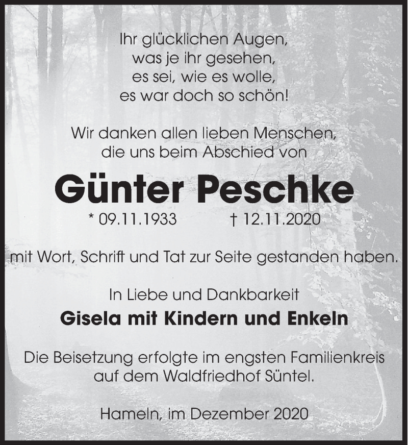 Traueranzeige für Günter Peschke vom 19.12.2020 aus Deister- und Weserzeitung