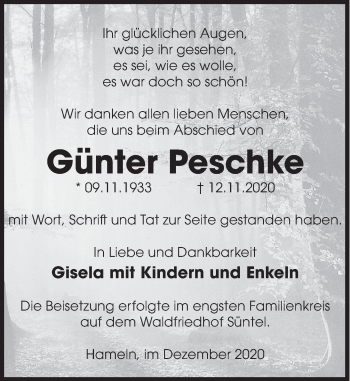Traueranzeige von Günter Peschke von Deister- und Weserzeitung