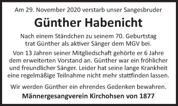 Traueranzeige von Günther Habenicht von Deister- und Weserzeitung