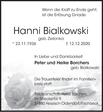 Traueranzeige von Hanni Bialkowski von Deister- und Weserzeitung
