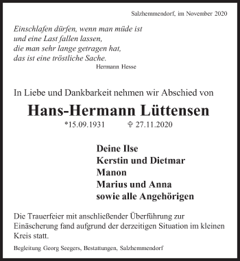 Traueranzeige von Hans-Hermann Lüttensen von Deister- und Weserzeitung