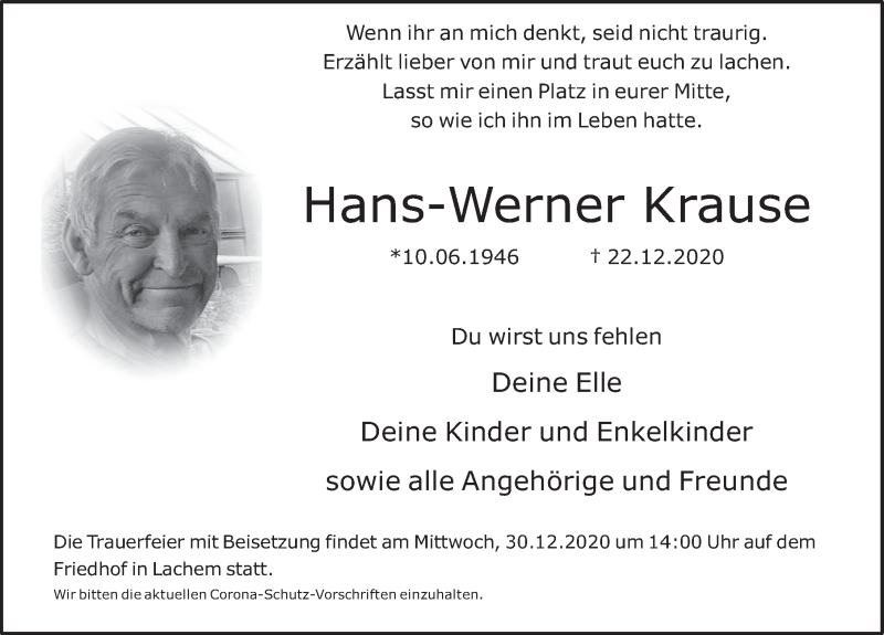  Traueranzeige für Hans-Werner Krause vom 28.12.2020 aus Deister- und Weserzeitung