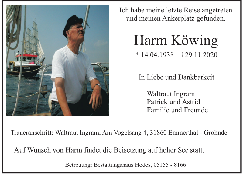  Traueranzeige für Harm Köwing vom 05.12.2020 aus Deister- und Weserzeitung