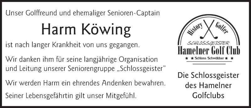  Traueranzeige für Harm Köwing vom 05.12.2020 aus Deister- und Weserzeitung