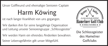 Traueranzeige von Harm Köwing von Deister- und Weserzeitung